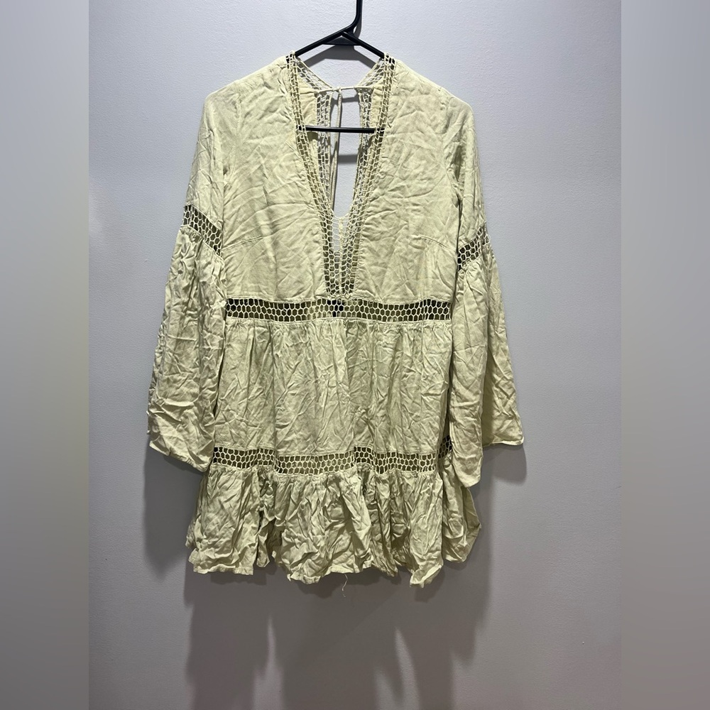 Women's Forever 21 Boho Crochet‎ Trim Mini Dress Mint Green Bell Sleeve Size M